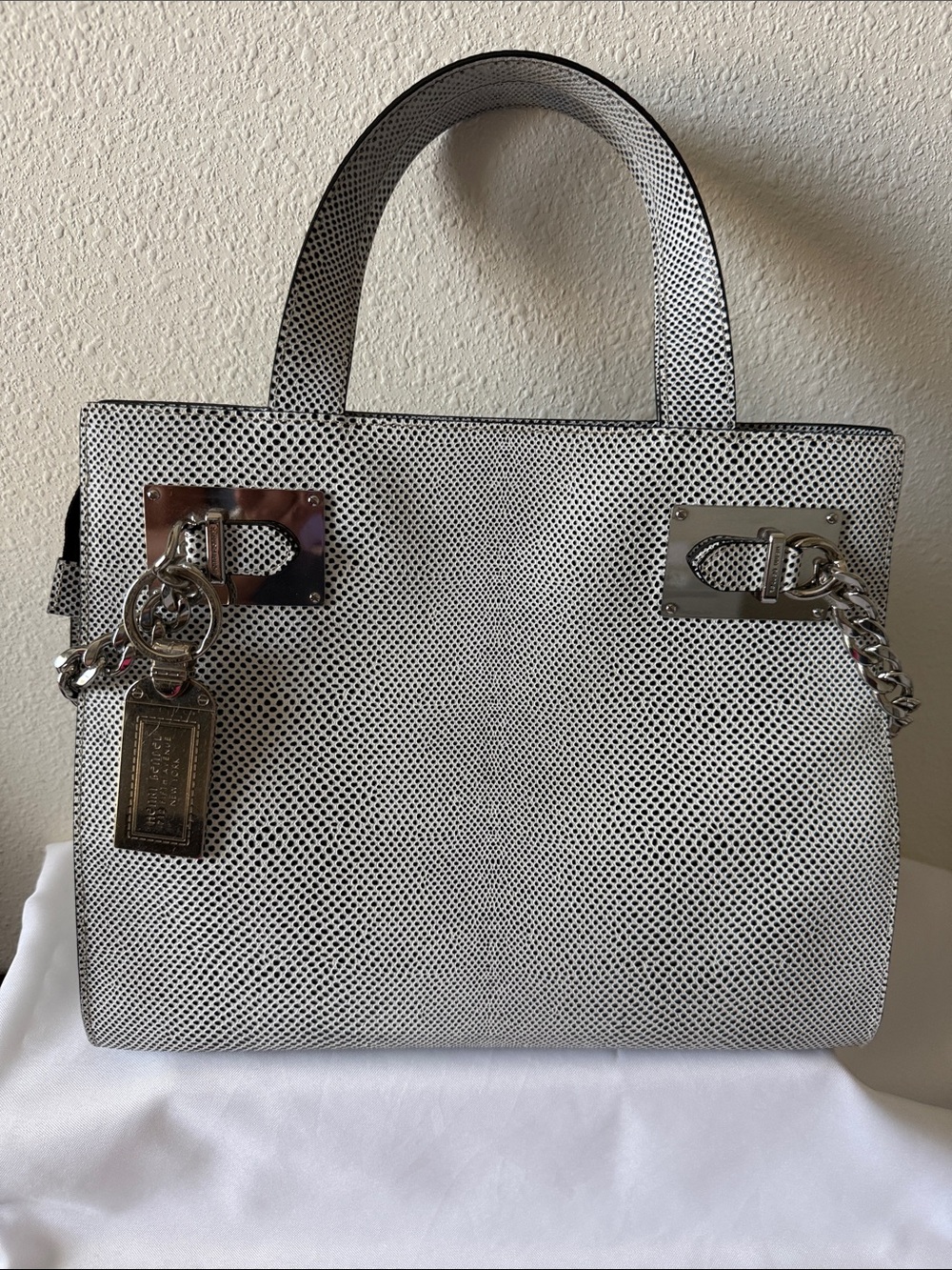 Henri Bendel Whitney Chain Satchel White and Black in Boss Snake Leather